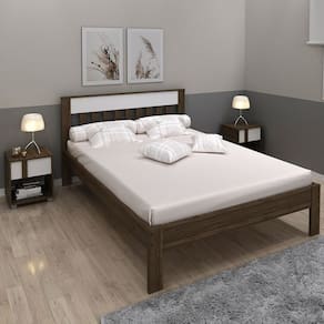Conjunto Cama Casal com 2 Mesas de Cabeceira Nogal/Branco