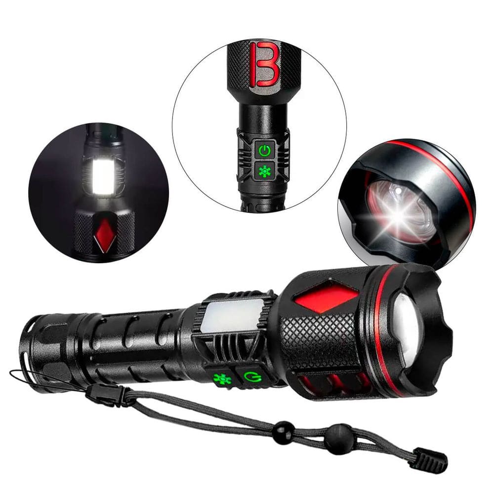 Lanterna Recarregável LED P90, 6800mAh, 7 Modos de Iluminação, Foco Ajustável, Resistente à Água