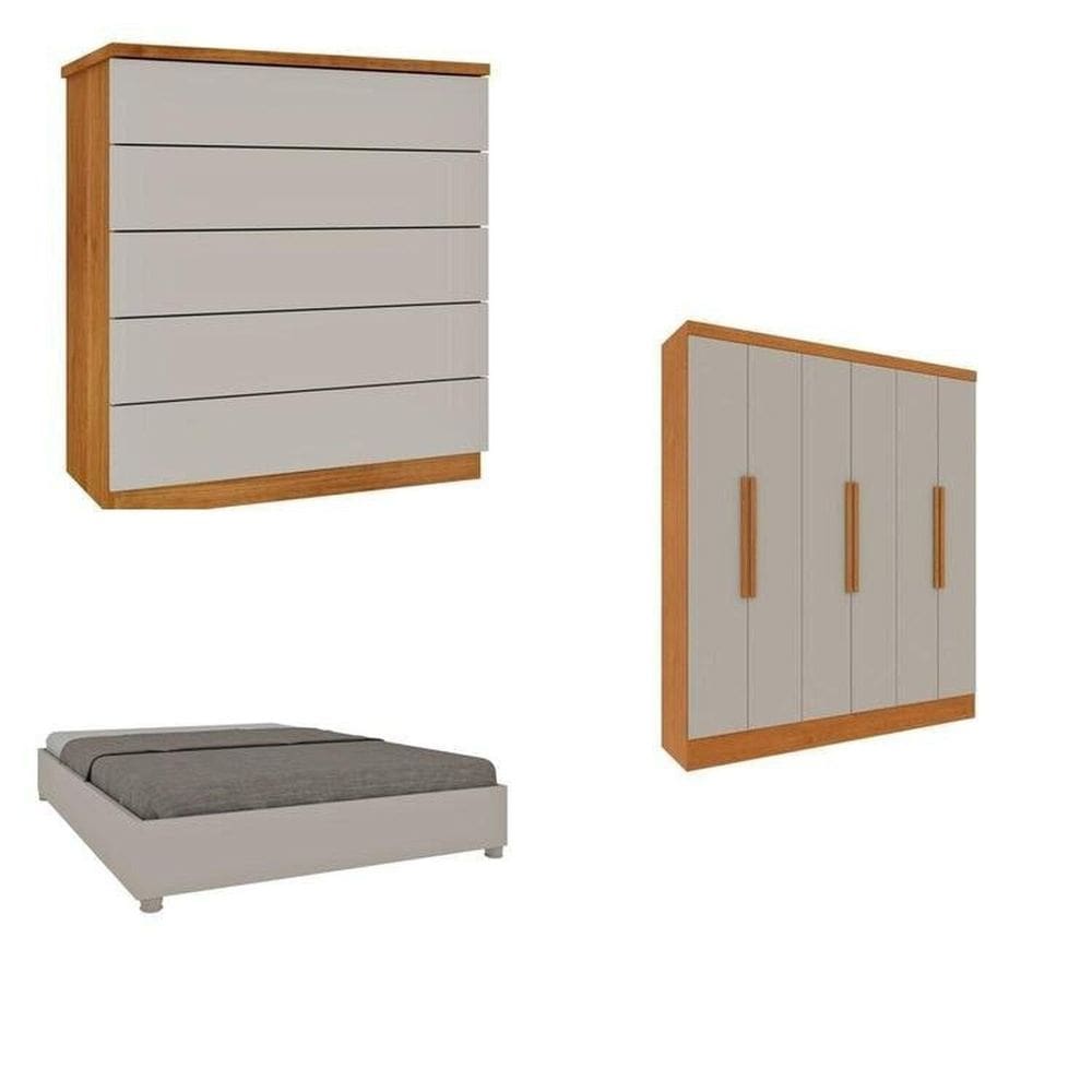 Quarto Casal Completo Guarda Roupa 6 portas Munique, Cama Casal Monaco e Cômoda Premium Espresso Móveis Cinamomo/Off White
