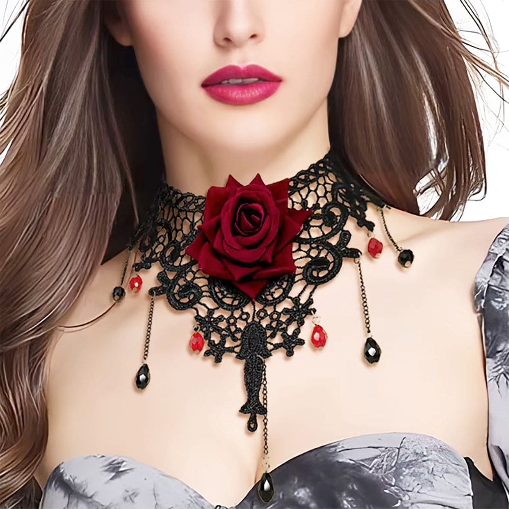 Colar Choker Gargantilha Renda Gótica Rosa Vermelha - Steampunk Vintage Festa Fantasia Halloween