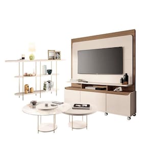 Estante Home Theater Quantum Off White Castanho e Aparador Infinity Off White e Kit Mesa de Centro Sky Off White - HB Móveis