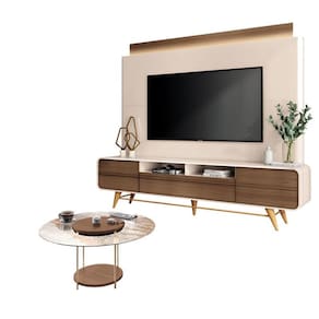 Estante Home Theater Nobre Off White Castanho e Mesa de Centro Sky com Tampo de Vidro Castanho – HB Móveis