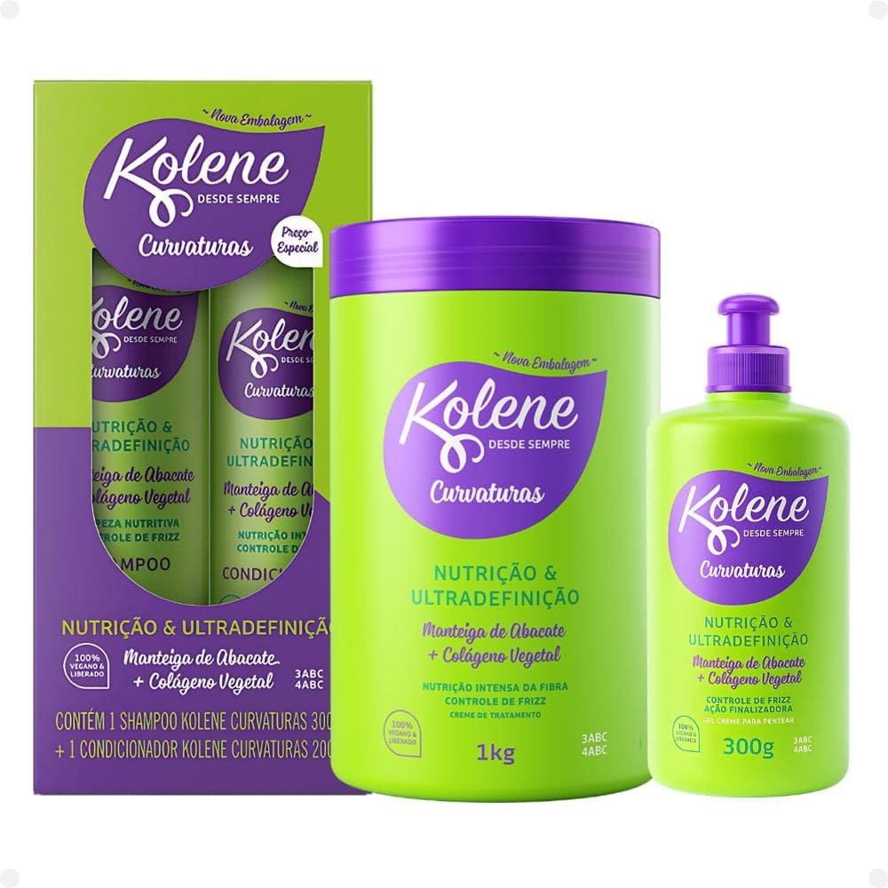 Kit Kolene Curvaturas Nutrição e Ultradefinição: Shampoo 300ml e Condicionador 200ml + Creme de Tratamento e Gel Creme 300g