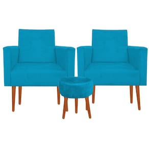 Kit 02 Poltronas Luxo Decorativas Nina E Puff Suede Turquesa