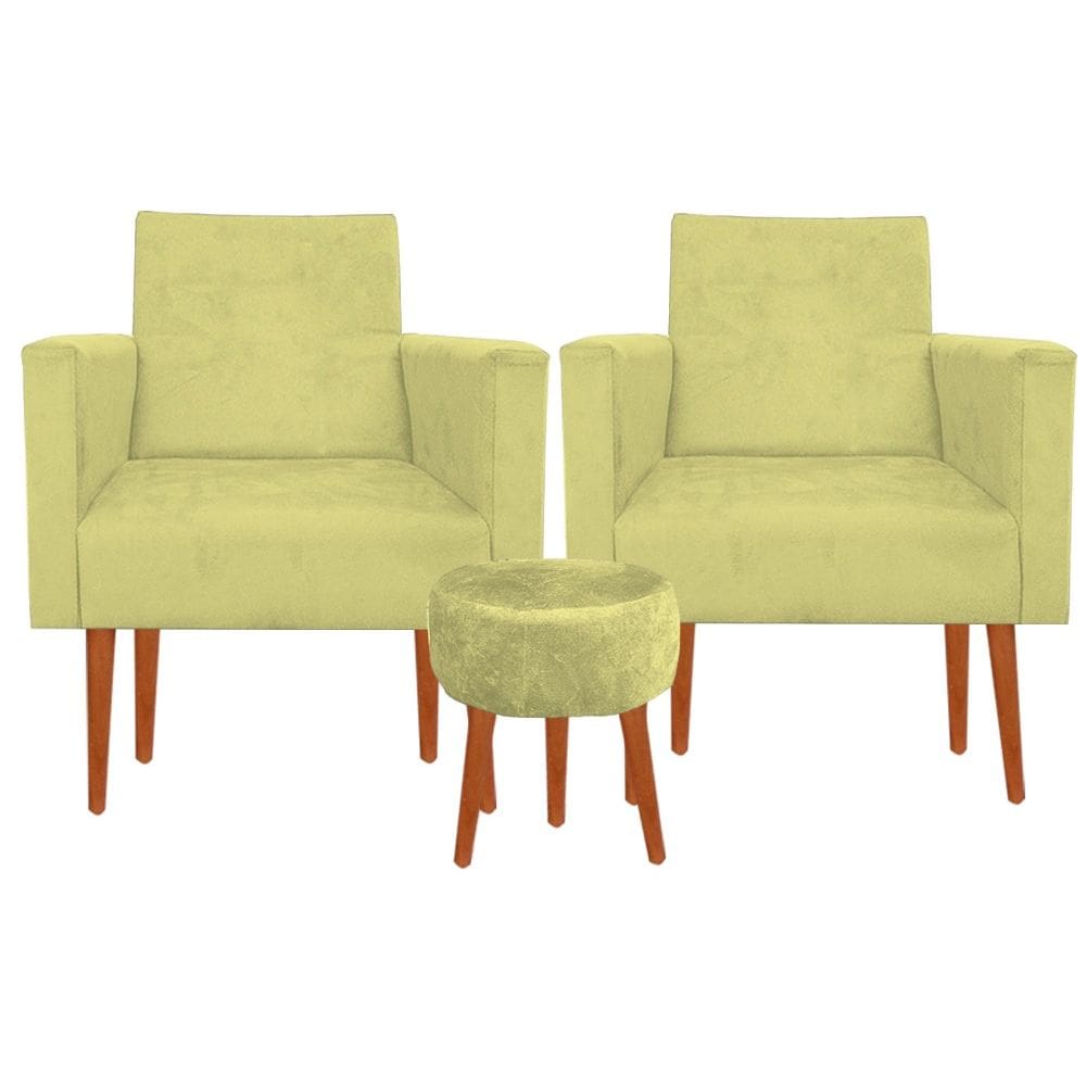 Kit 02 Poltronas Luxo Decorativas Nina E Puff Suede Amarelo