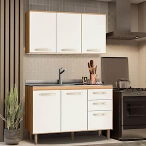 Cozinha Modulada 2 Peças 1,20 m 5 Portas 3 Gavetas Freijó Off White Cristal Fire Shop JM