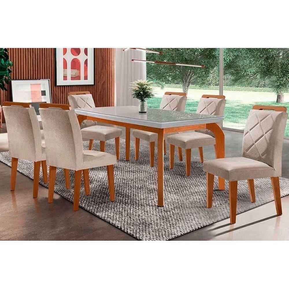 Sala de Jantar Completa Londrina Tampo Madeirado c/ Vidro Curvo 120x80 e 4 Cadeiras Melissa Imbuia/Suede Creme - Rufato