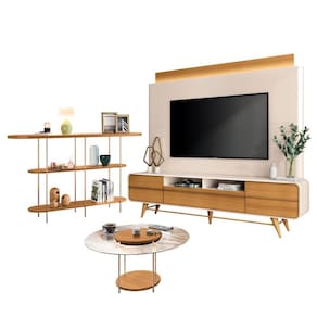 Estante Home Theater Nobre Off White Cinamomo e Aparador Infinity e Mesa de Centro Sky com Tampo de Vidro Cinamomo - HB Móveis