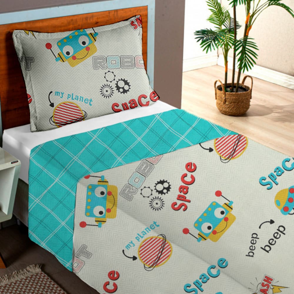 Colcha Infantil Solteiro Dupla Face Menino E Menina ROBÔ