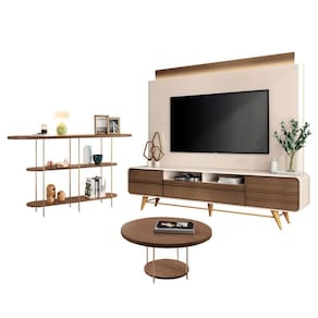 Estante Home Theater Nobre Off White Castanho e Aparador Infinity e Mesa de Centro Sky Castanho - HB Móveis