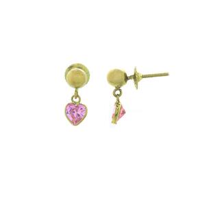 Brinco Delicado Pendente Coração Zircônio Rosa Ouro J24312