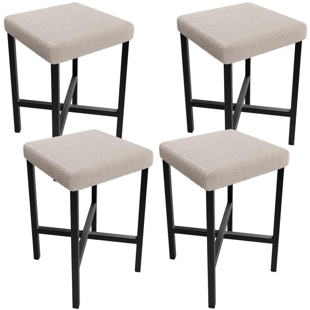 Kit 04 Banquetas Baixa Bar Cozinha Sala De Jantar Preto Stella L02 Bouclê Creme - Lyam Decor