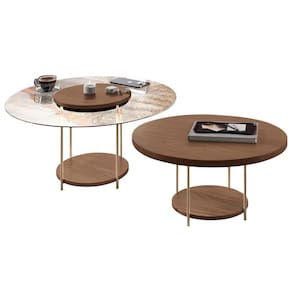 Conjunto Mesas De Centro Redonda Mdf E Vidro Allure B01 Castanho - Lyam Decor