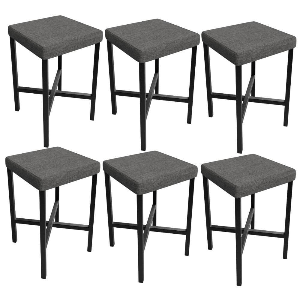 Kit 06 Banquetas Baixa Bar Cozinha Sala De Jantar Preto Stella L02 Linho Cinza Escuro - Lyam Decor