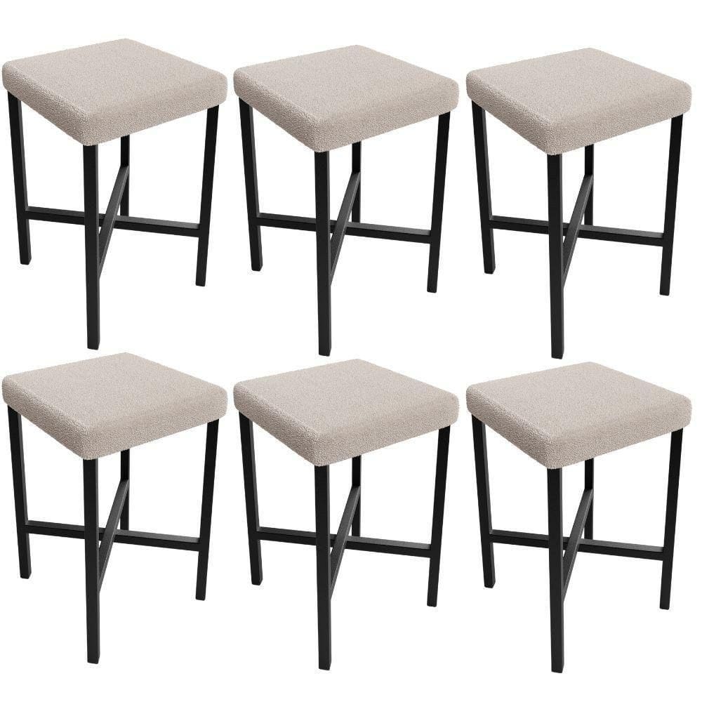 Kit 06 Banquetas Baixa Bar Cozinha Sala De Jantar Preto Stella L02 Bouclê Creme - Lyam Decor