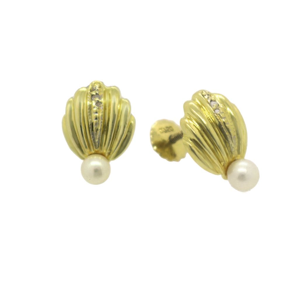 Brinco Formato Concha Shel Com Pérola E Diamante Ouro J24238