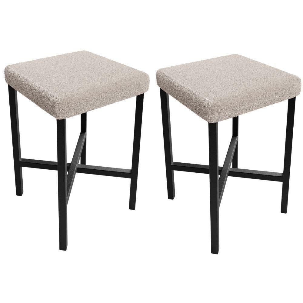Kit 02 Banquetas Baixa Bar Cozinha Sala De Jantar Preto Stella L02 Bouclê Creme - Lyam Decor