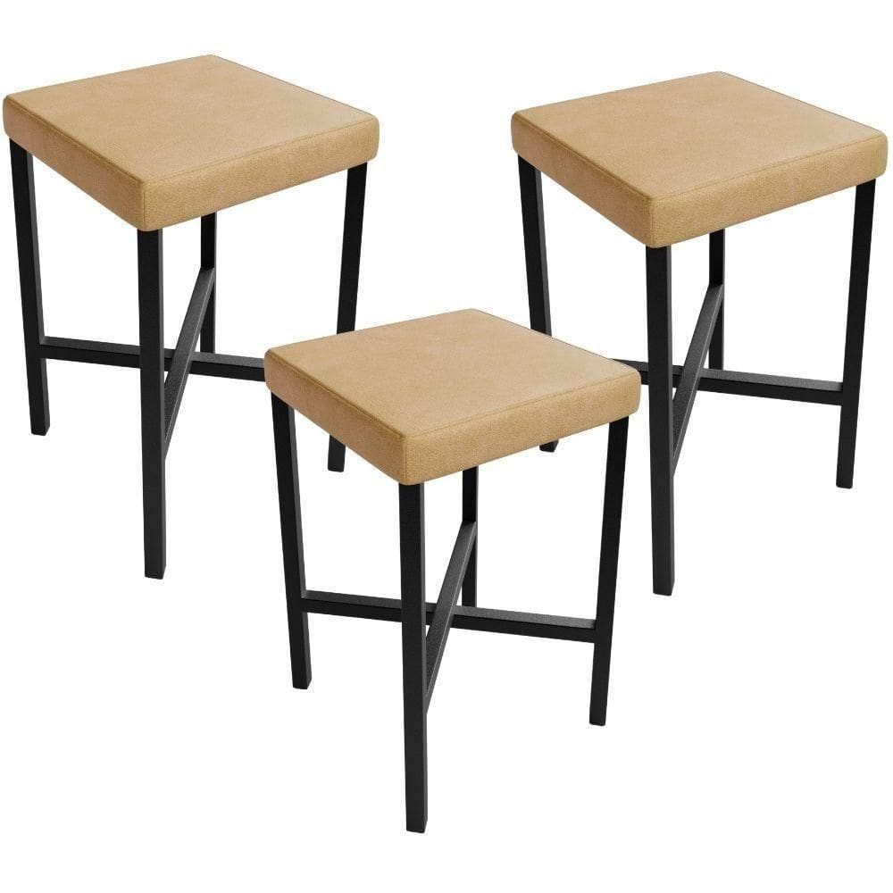 Kit 03 Banquetas Baixa Bar Cozinha Sala De Jantar Preto Stella L02 Couríssimo Fendi - Lyam Decor