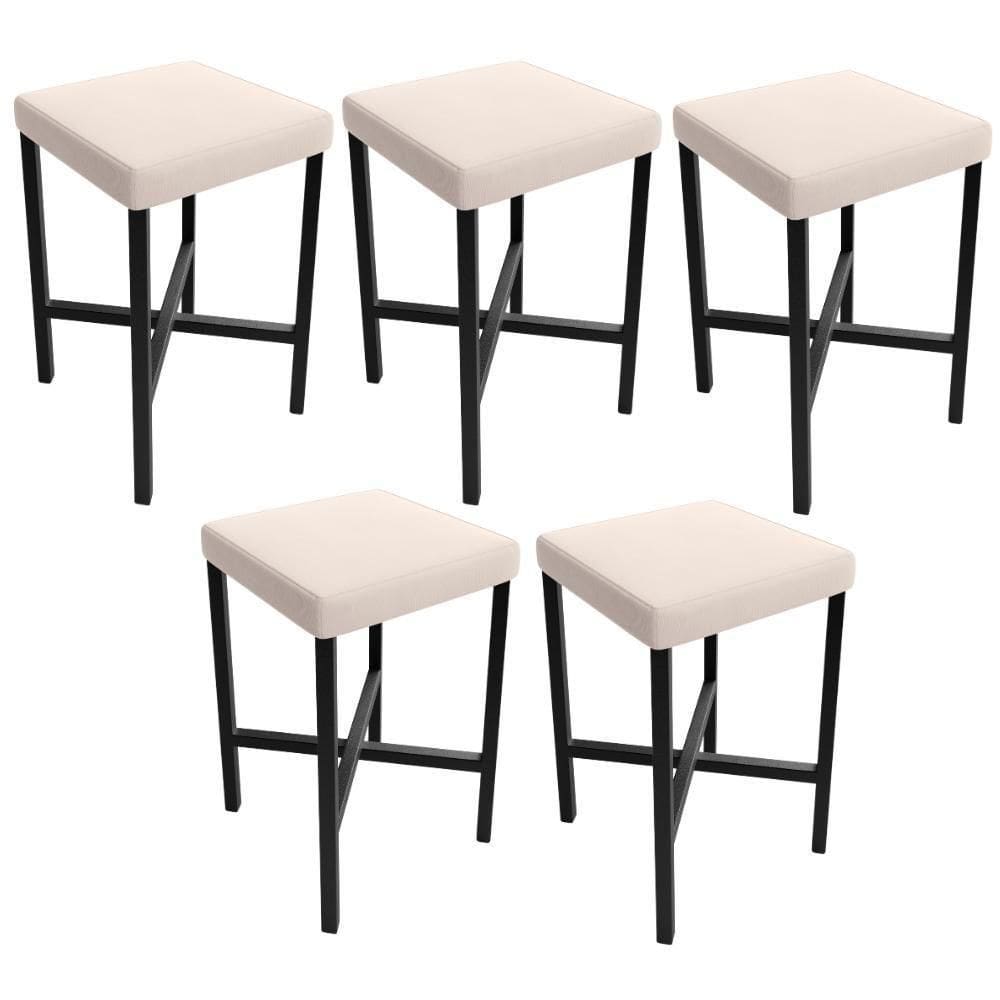 Kit 05 Banquetas Baixa Bar Cozinha Sala De Jantar Preto Stella L02 Suede Bege - Lyam Decor