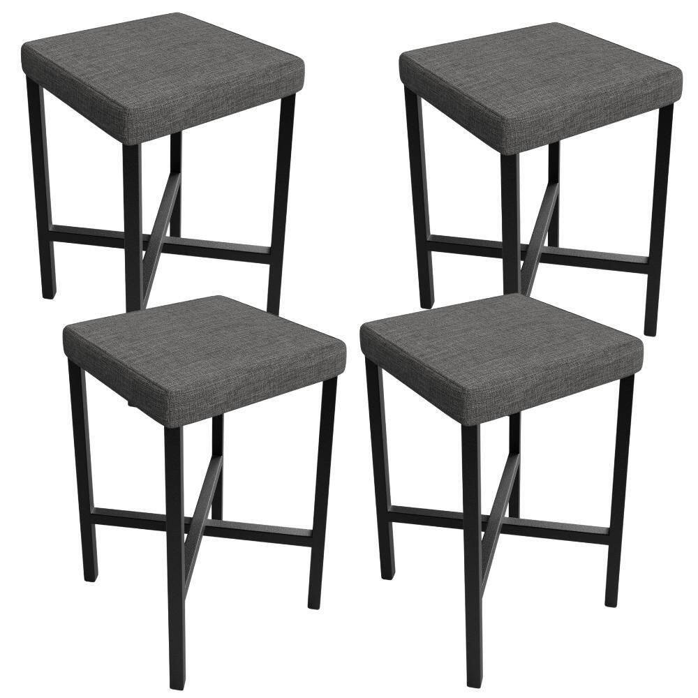 Kit 04 Banquetas Baixa Bar Cozinha Sala De Jantar Preto Stella L02 Linho Cinza Escuro - Lyam Decor