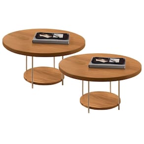 Kit 02 Mesas De Centro Para Sala Redonda Tampo Mdf Pés Aço Allure B01 Cinamomo - Lyam Decor