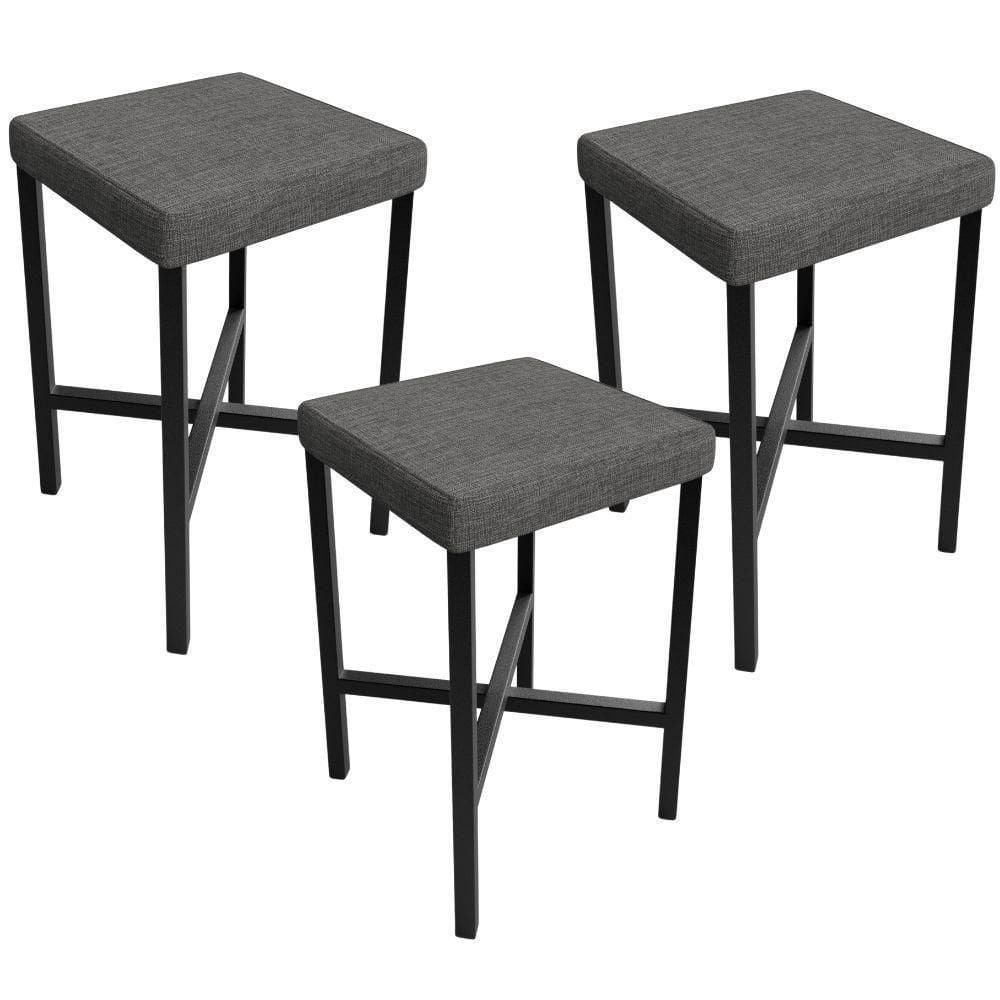 Kit 03 Banquetas Baixa Bar Cozinha Sala De Jantar Preto Stella L02 Linho Cinza Escuro - Lyam Decor