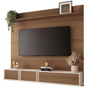 Painel Para Tv 70 Pol Com Bancada Suspensa Cube B01 Castanho Off White - Lyam Decor