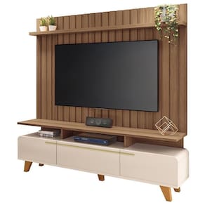 Rack Para Sala émile Com Painel Para Tv Ripado 70 Pol Conect B01 Off White Castanho - Lyam Decor