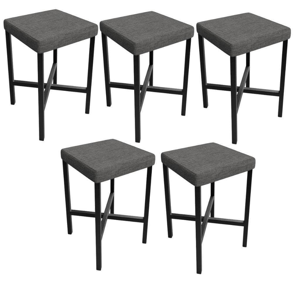 Kit 05 Banquetas Baixa Bar Cozinha Sala De Jantar Preto Stella L02 Linho Cinza Escuro - Lyam Decor