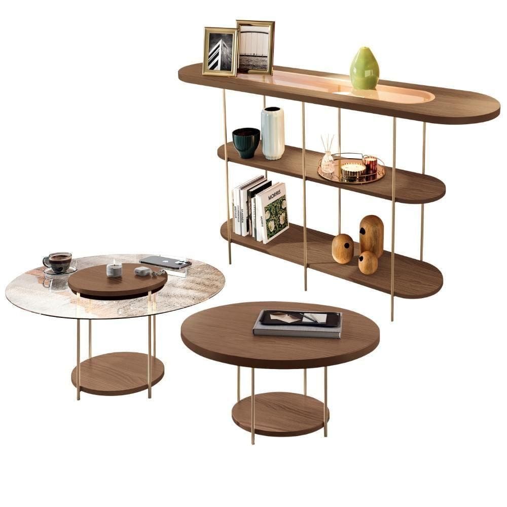 Kit Aparador Para Sala Friesen Com 02 Mesas De Centro Redonda Allure B01 Castanho - Lyam Decor