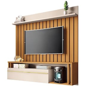 Painel Para Tv 55 Pol Ripado Com Bancada Suspensa Blanc B01 Cinamomo Off White - Lyam Decor