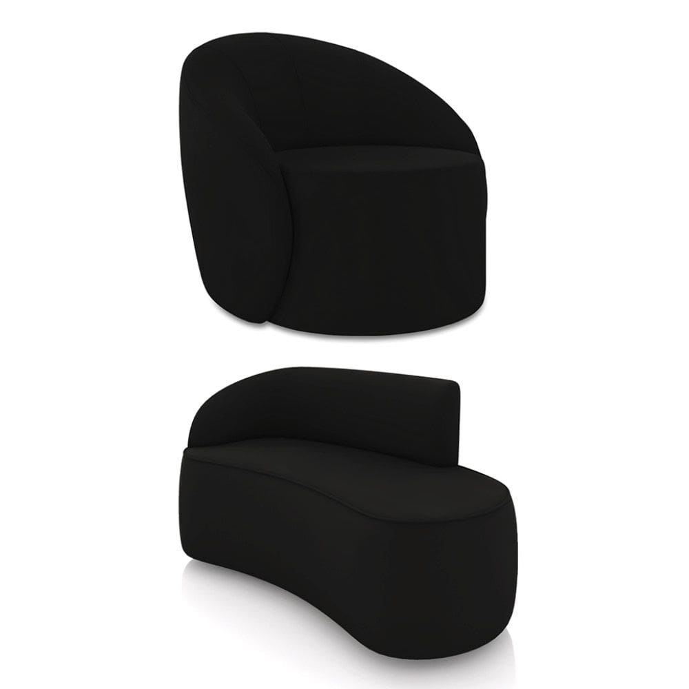 Sofá 2 Lugares Orgânico 140cm Morgan e Poltrona Lua Veludo Preto D03 - D`Rossi