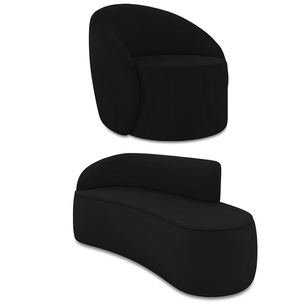Sofá 3 Lugares Orgânico 180cm Morgan e Poltrona Lua Veludo Preto D03 - D`Rossi