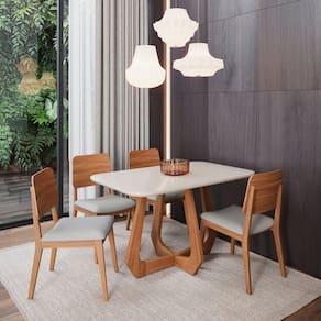 Sala de Jantar Bromelia 130cm com 4 Cadeiras Ipe Madeira/ Off White/ Cinza