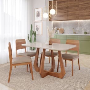Sala de Jantar Bromelia 130cm com 4 Cadeiras Ipe Madeira/ Off White/ Bege