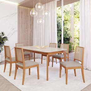 Sala de Jantar Ficus 180cm com 6 Cadeiras Buriti Madeira/ Offwhite / Cinza