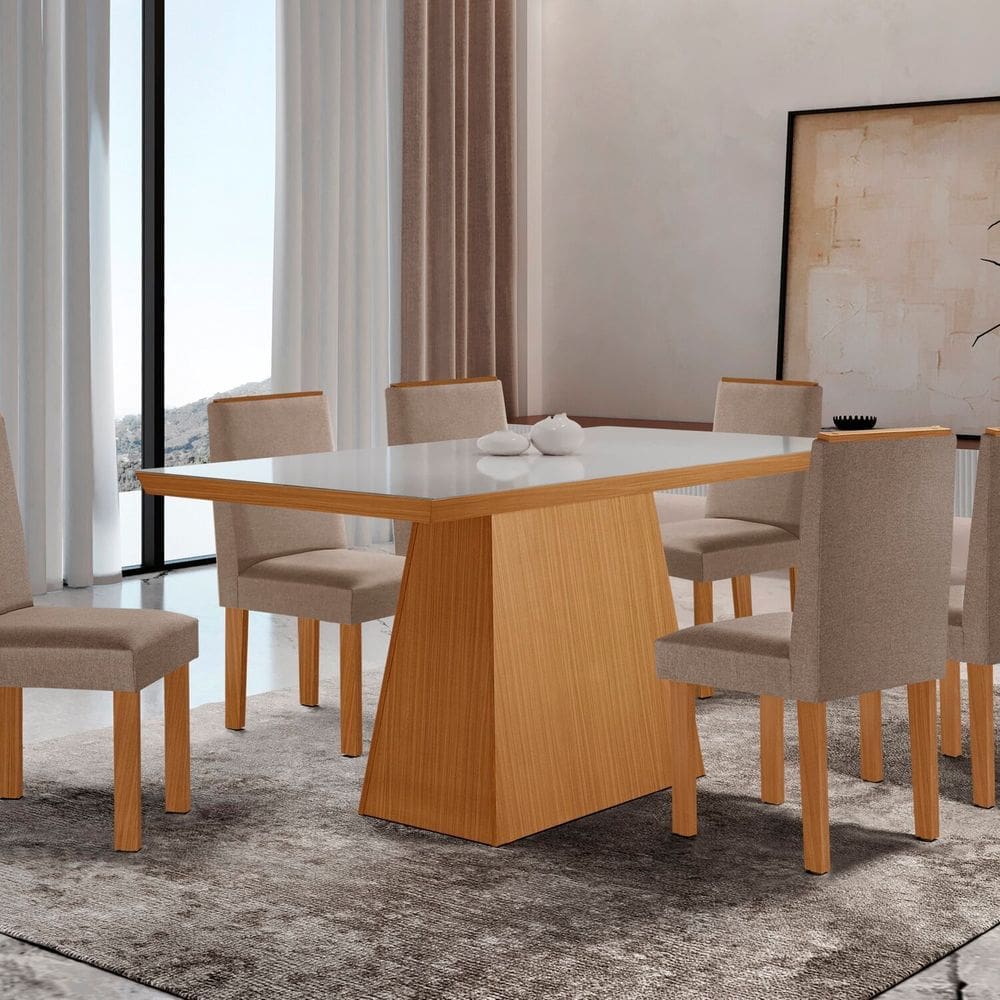 Conjunto Sala de Jantar Mesa Tampo de Vidro 6 Cadeiras Yescasa Castanho Cinamomo/Cinza/Off White