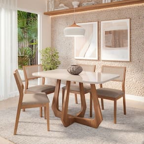 Sala de Jantar Bromelia 130cm com 4 Cadeiras Oiti Madeira/ Off White/ Bege