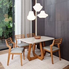 Sala de Jantar Bromelia 130cm com 4 Cadeiras Damasco Madeira/ Off White/ Cinza