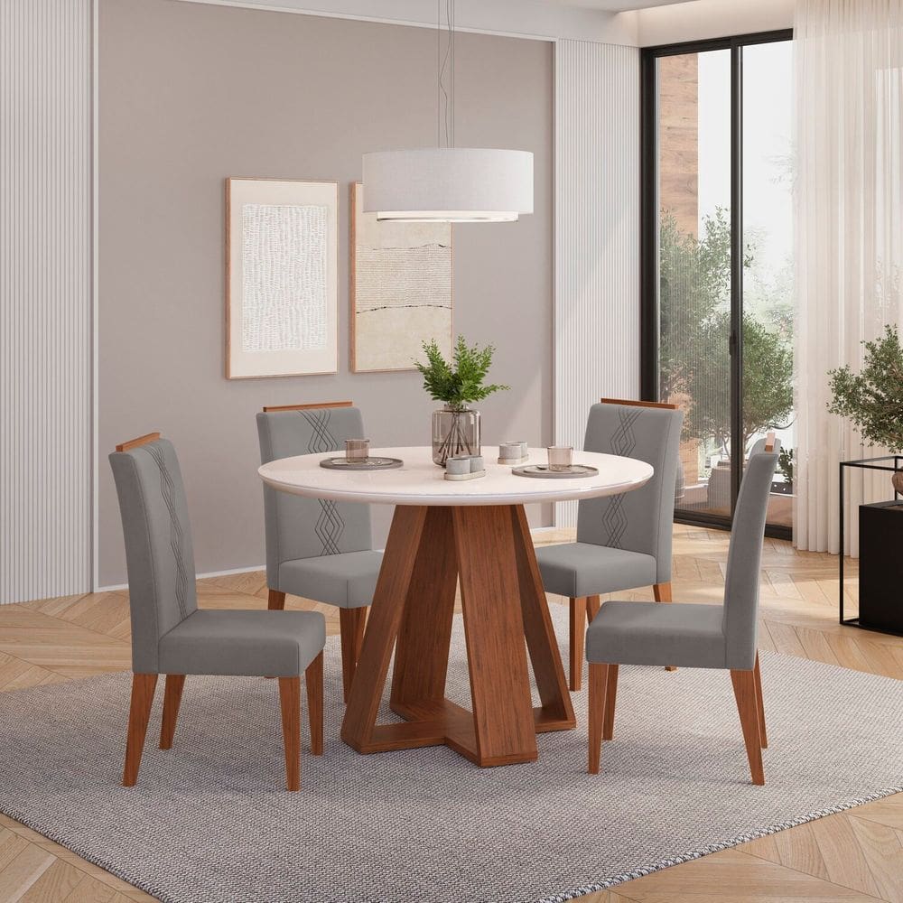 Conjunto Sala de Jantar Mesa Redonda Tampo de Vidro com 4 Cadeiras Kiara Freijo/ Off White/ Lunar