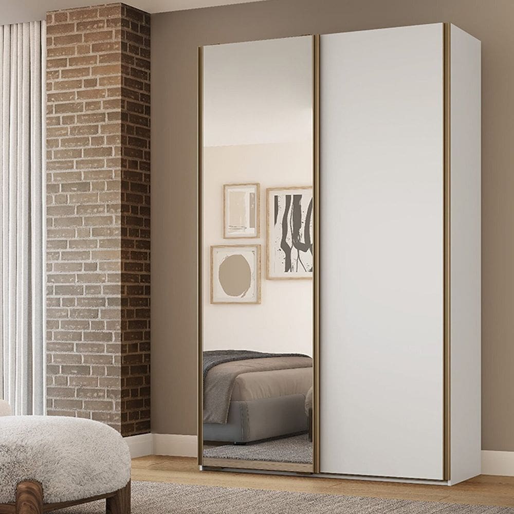 Guarda-Roupa Solteiro MDF 2 Portas 1 com Espelho 138,5 cm Branco