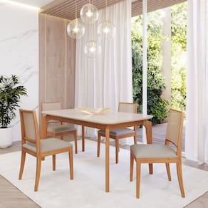 Sala de Jantar Ficus 130cm com 4 Cadeiras Buriti Madeira/ Offwhite/ Cinza
