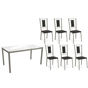 Sala de Jantar Completa Reno c/ Tampo de Vidro 150cm e 4 Cadeiras Florença Niquel - Courano Preto - Kappesberg