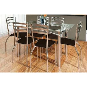 Sala de Jantar Completa Elba c/ Tampo de Vidro 150cm e 6 Cadeiras Portugal Cromada - Courano Marrom - Kappesberg