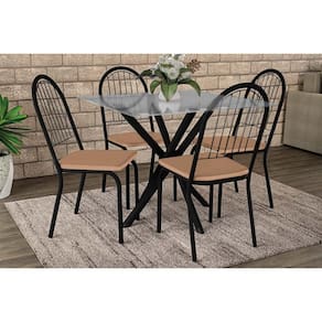 Sala de Jantar Completa Volga c/ Tampo de Vidro 90cm e 4 Cadeiras Noruega Preto - Capuccino - Kappesberg
