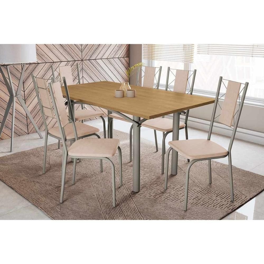 Sala de Jantar Completa Elba c/ Tampo de Madeira 160cm e 6 Cadeiras Lisboa Niquel/Nogueira - Courano Bege - Kappesberg