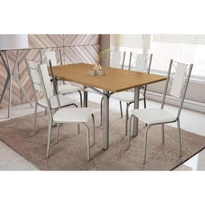 Sala de Jantar Completa Elba c/ Tampo de Madeira 160cm e 6 Cadeiras Lisboa Niquel/Nogueira - Courano Branco - Kappesberg