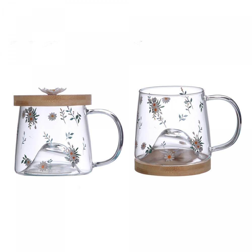 Caneca de Vidro Borossilicato com Pires de Bambu Daisy 330ml