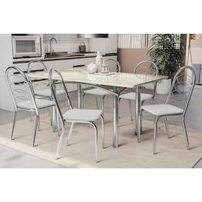Sala de Jantar Completa Elba Tampo Madeirado c/ Vidro 160cm e 6 Cadeiras Holanda Cromada/Off White - Courano Branco - Kappesberg