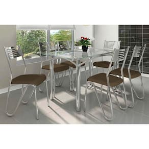 Sala de Jantar Completa Elba c/ Tampo de Vidro 140cm e 6 Cadeiras Nápoles Cromada - Courano Marrom - Kappesberg
